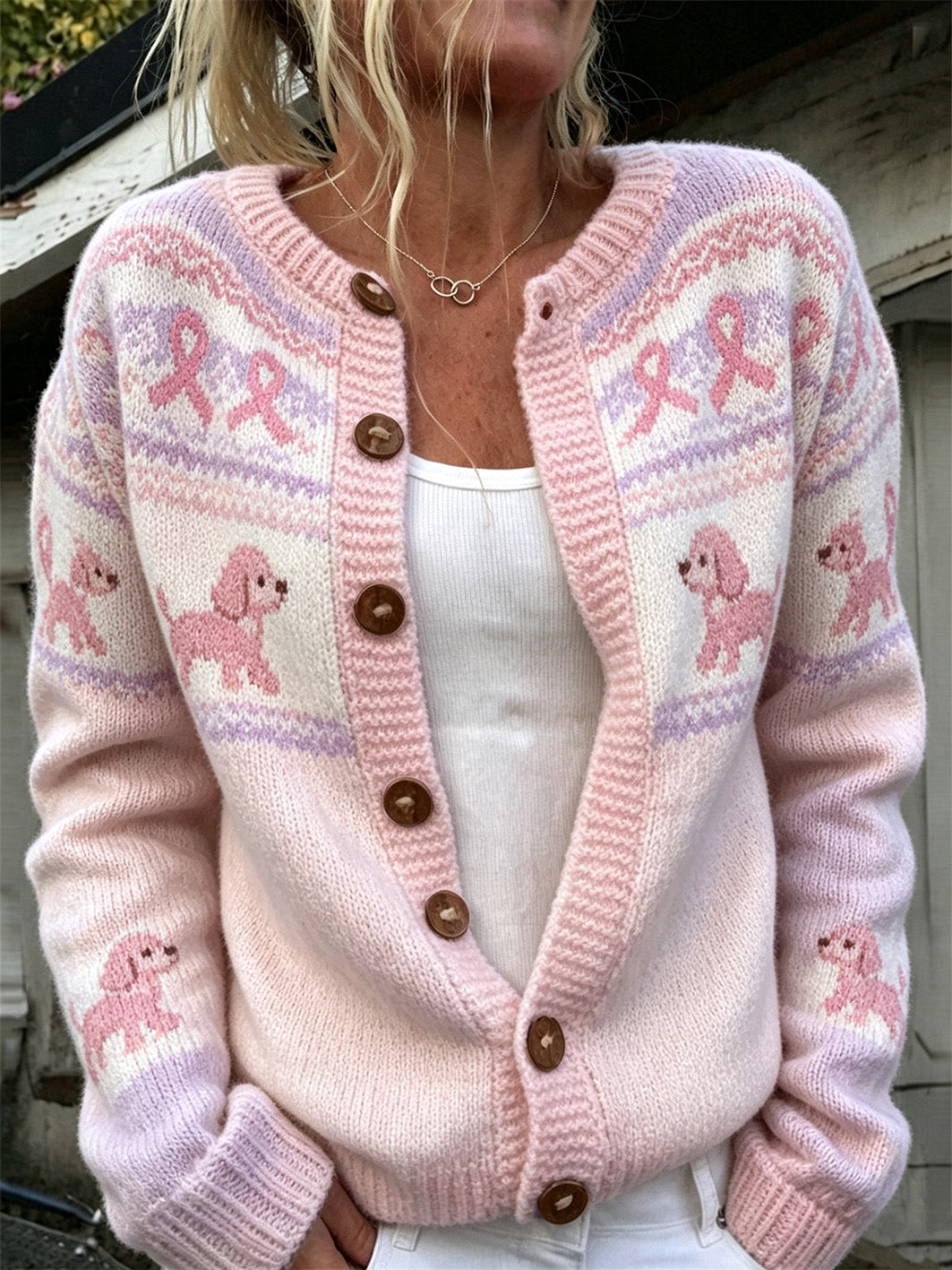 Women's cute dog and pink charity ribbon pattern printed casual cardigan