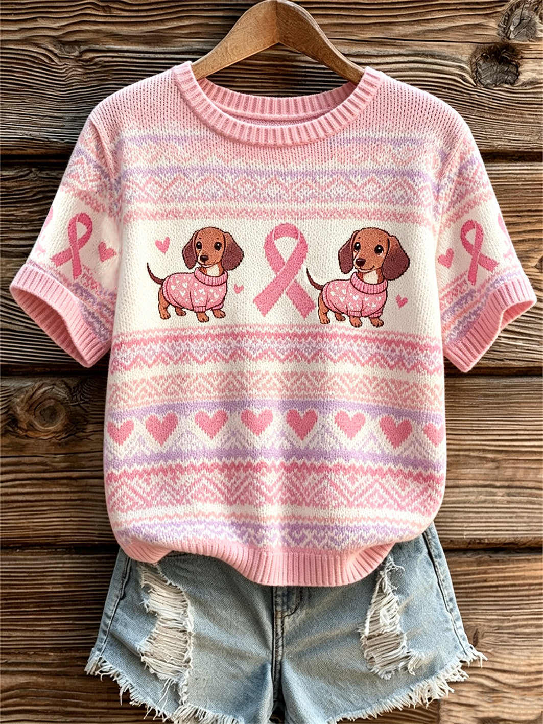 Women's cute dog and pink charity ribbon pattern printed casual top