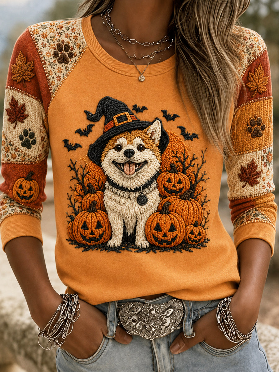 Women's Halloween Cute Pet Printed Raglan Sleeve T-shirt