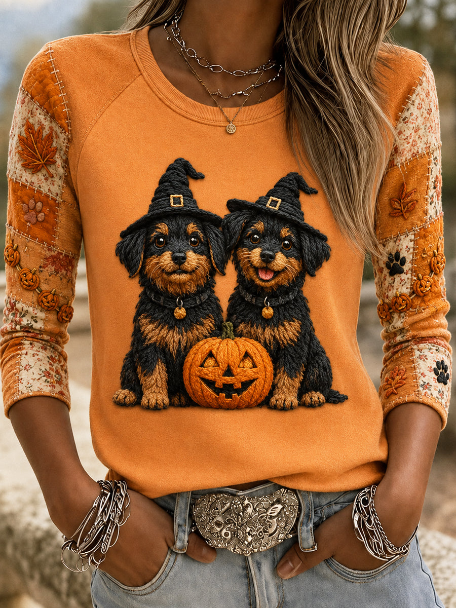 Women's Halloween Cute Pet Printed Raglan Sleeve T-shirt