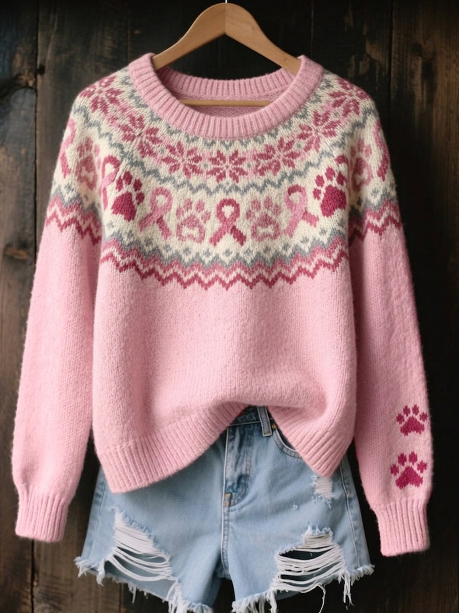 Women's Vintage Pink Ribbon & Dog Paws Isle Pattern Print Cozy Sweater
