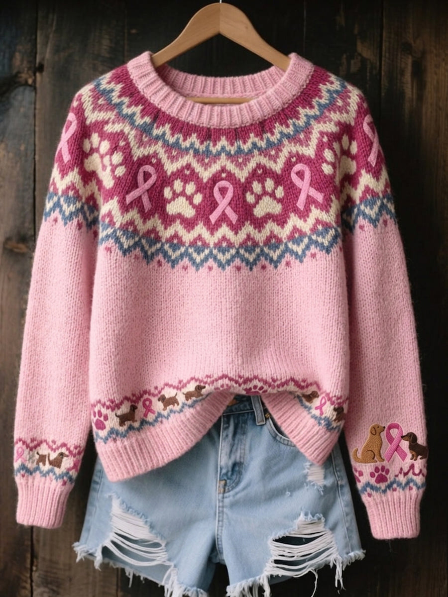 Women's Vintage Pink Ribbon & Dog Paws Isle Pattern Print Cozy Sweater