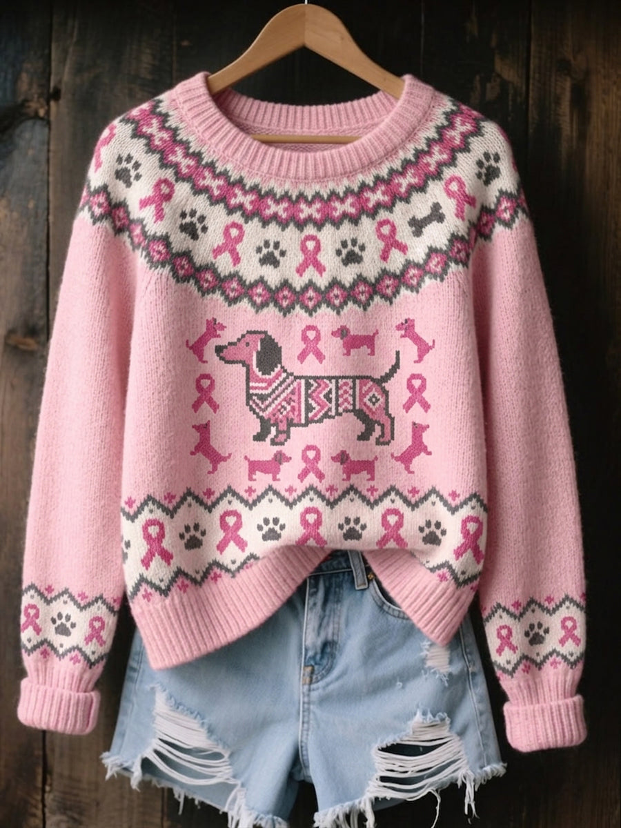 Women's Vintage Pink Ribbon & Dog Paws Isle Pattern Print Cozy Sweater