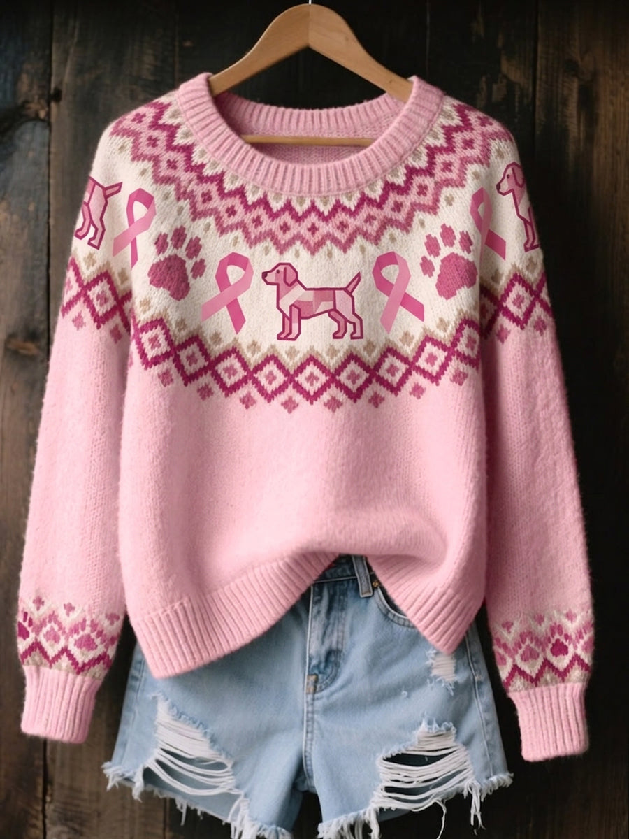 Women's Vintage Pink Ribbon & Dog Paws Isle Pattern Print Cozy Sweater