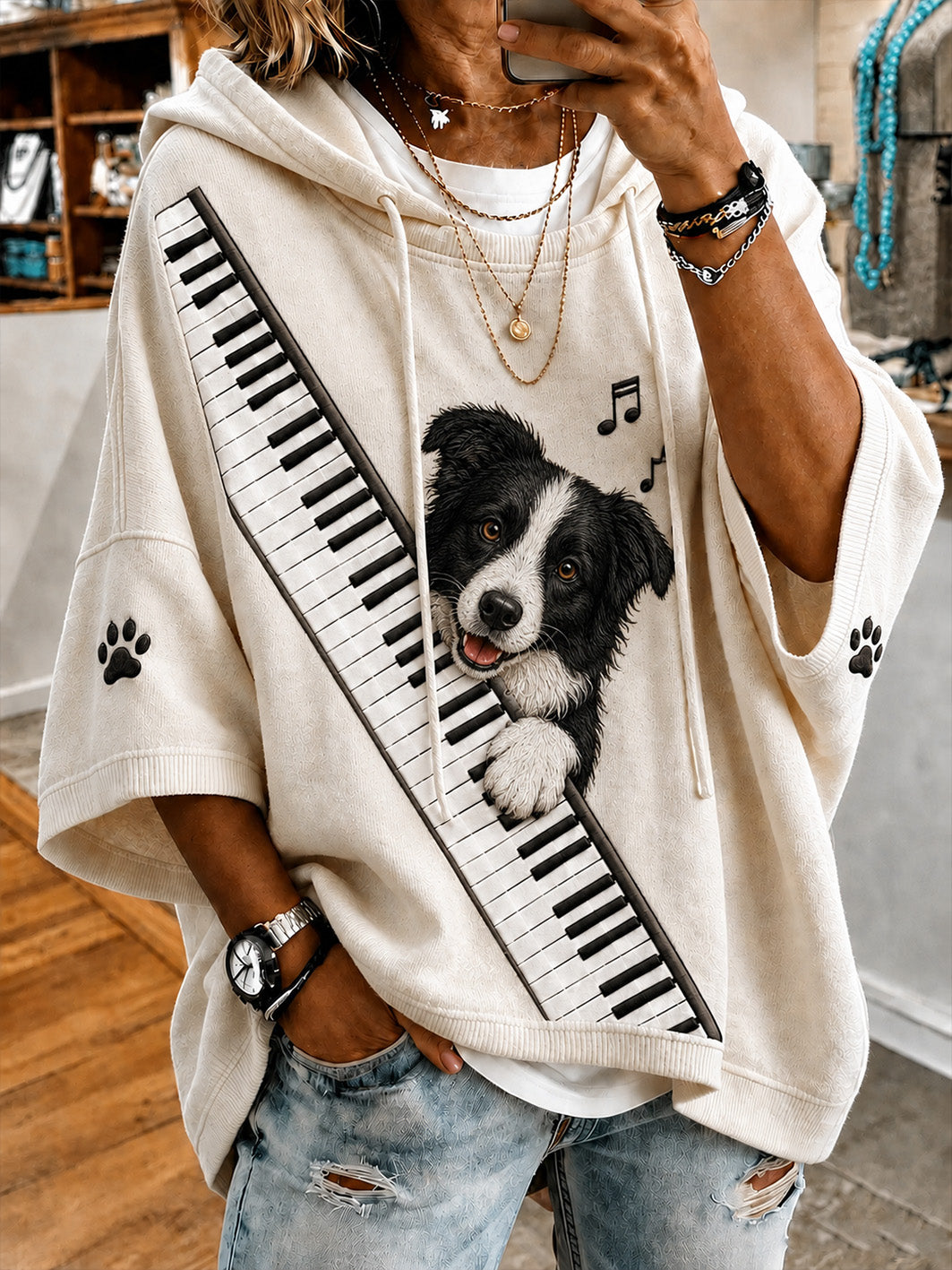 Women's cute dog playing piano pattern design casual short-sleeve hoodie