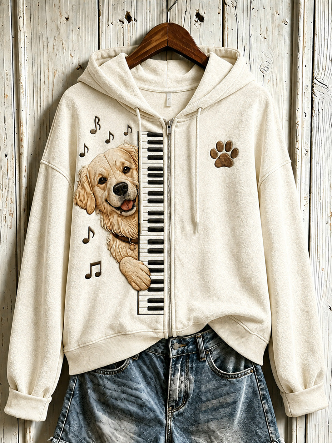 Women's cute dog playing piano pattern design casual zip-up hoodie