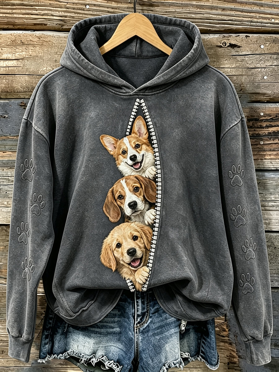Women's Vintage Cute Peeking Dogs & Paws Print Comfy Hoodie