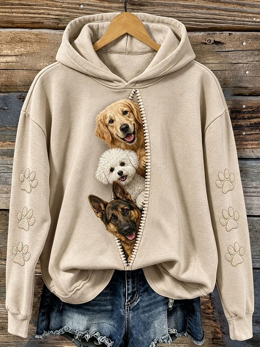 Women's Vintage Cute Peeking Dogs & Paws Print Comfy Hoodie