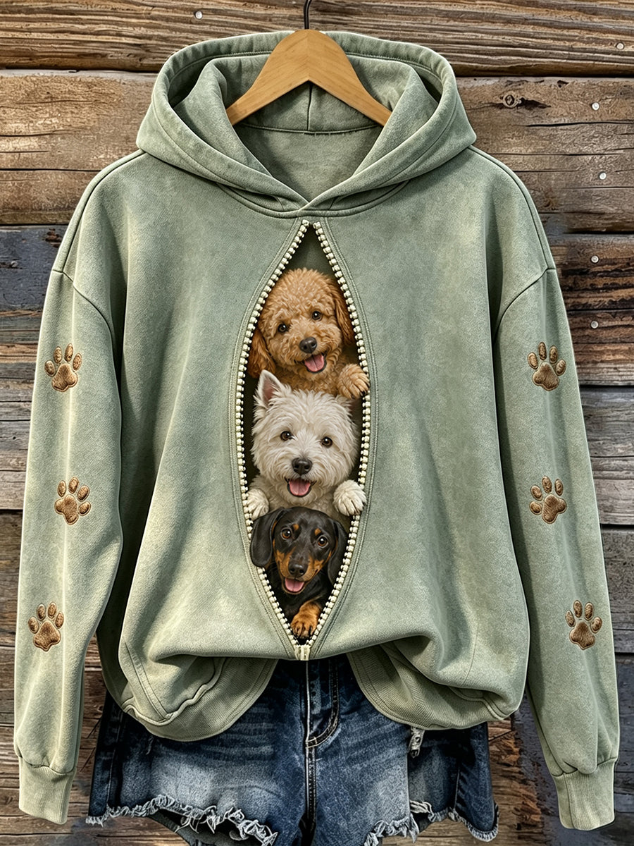 Women's Vintage Cute Peeking Dogs & Paws Print Comfy Hoodie