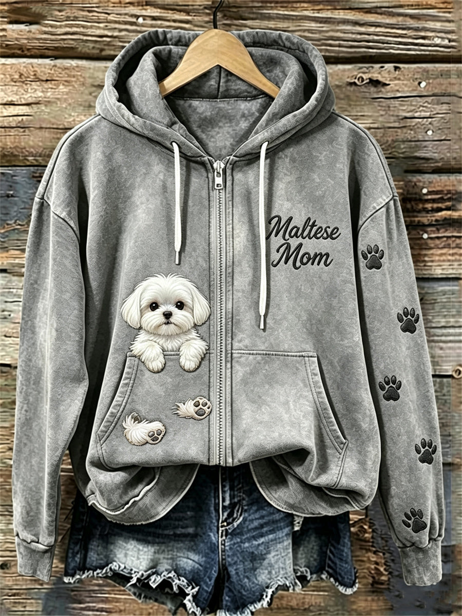 Women's Peeking Maltese Dog Maltese Mom Paw Prints Full Zip Hoodie