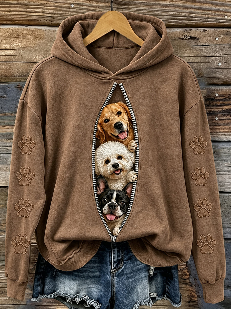 Women's Vintage Cute Peeking Dogs & Paws Print Comfy Hoodie