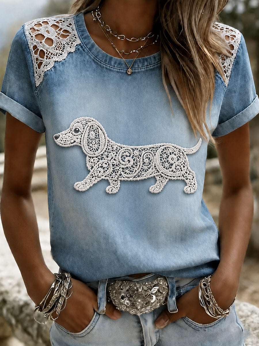 Women's Animal Dog Printed Vintage Fashion Loose Short Sleeve T-Shirt