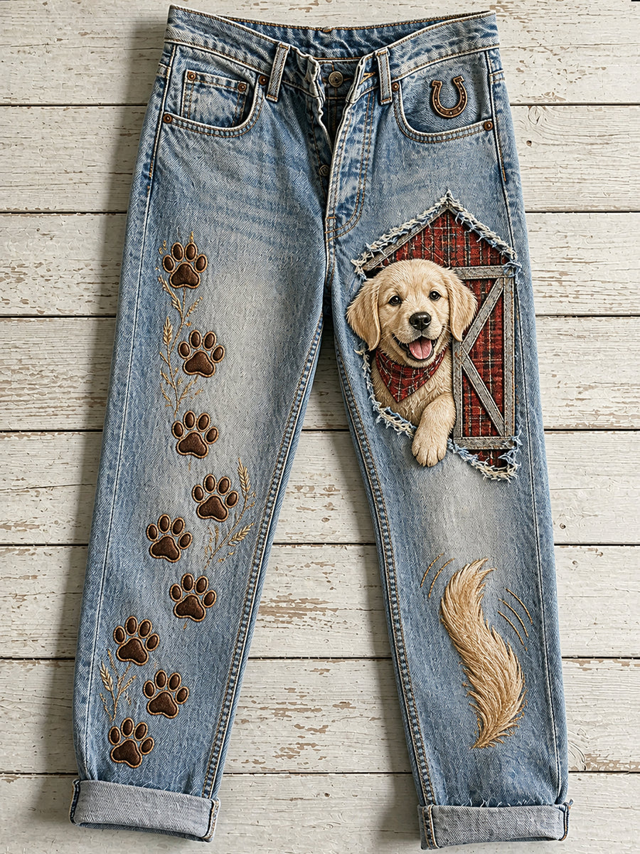 Women's Casual Jeans with Vintage Animal Art Print