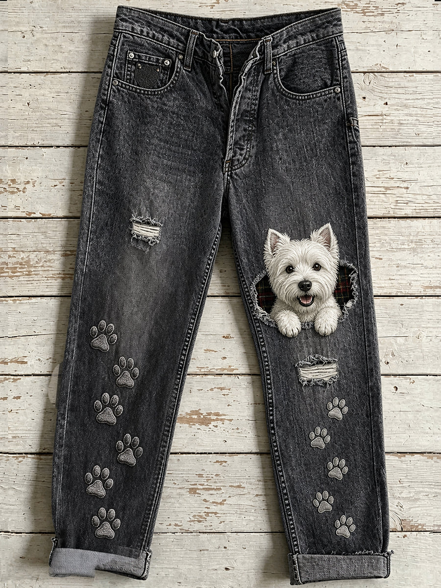 Women's Casual Jeans with Vintage Animal Art Print