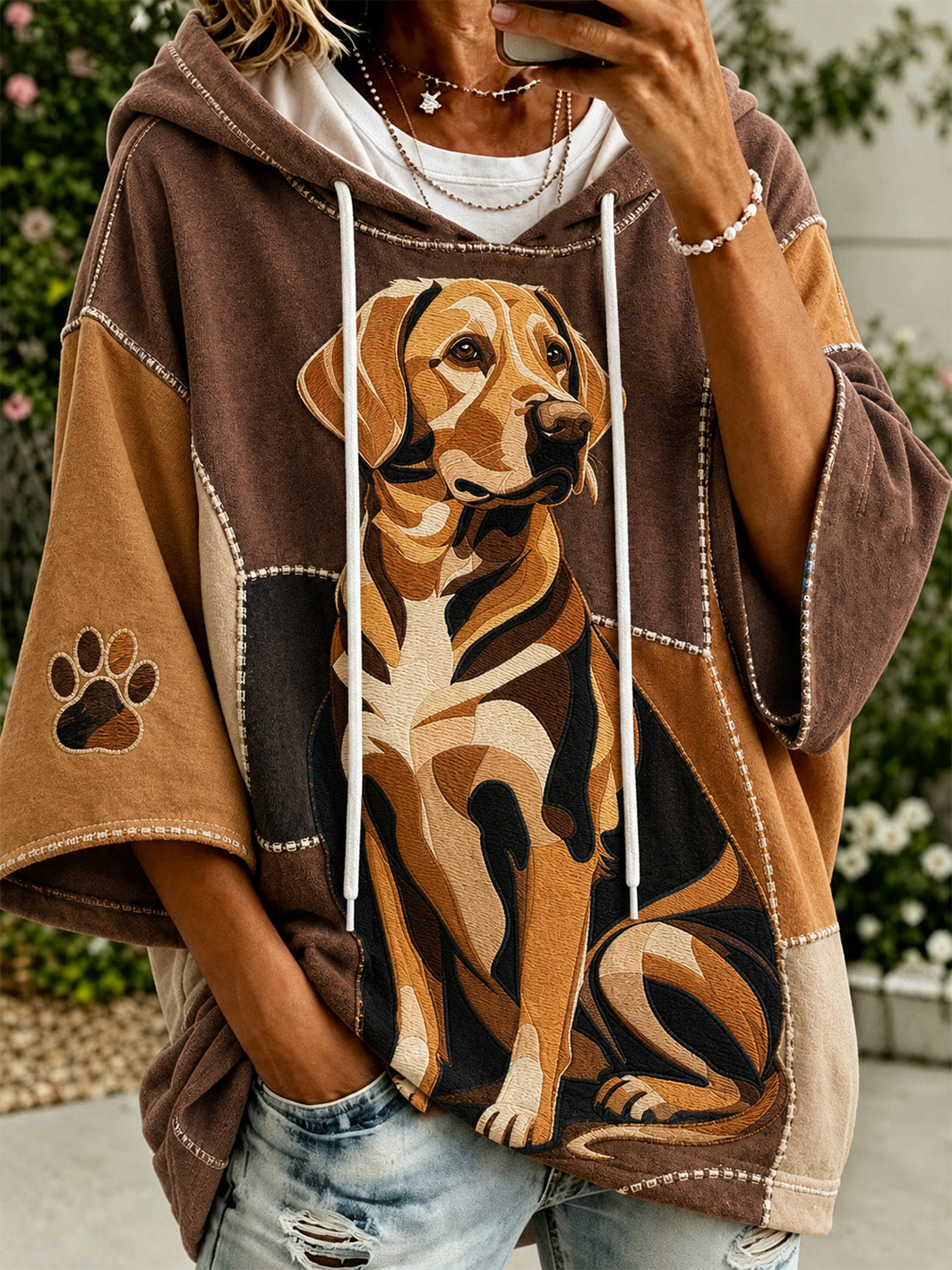 Women's cute little dog pattern color-blocked design casual hoodie