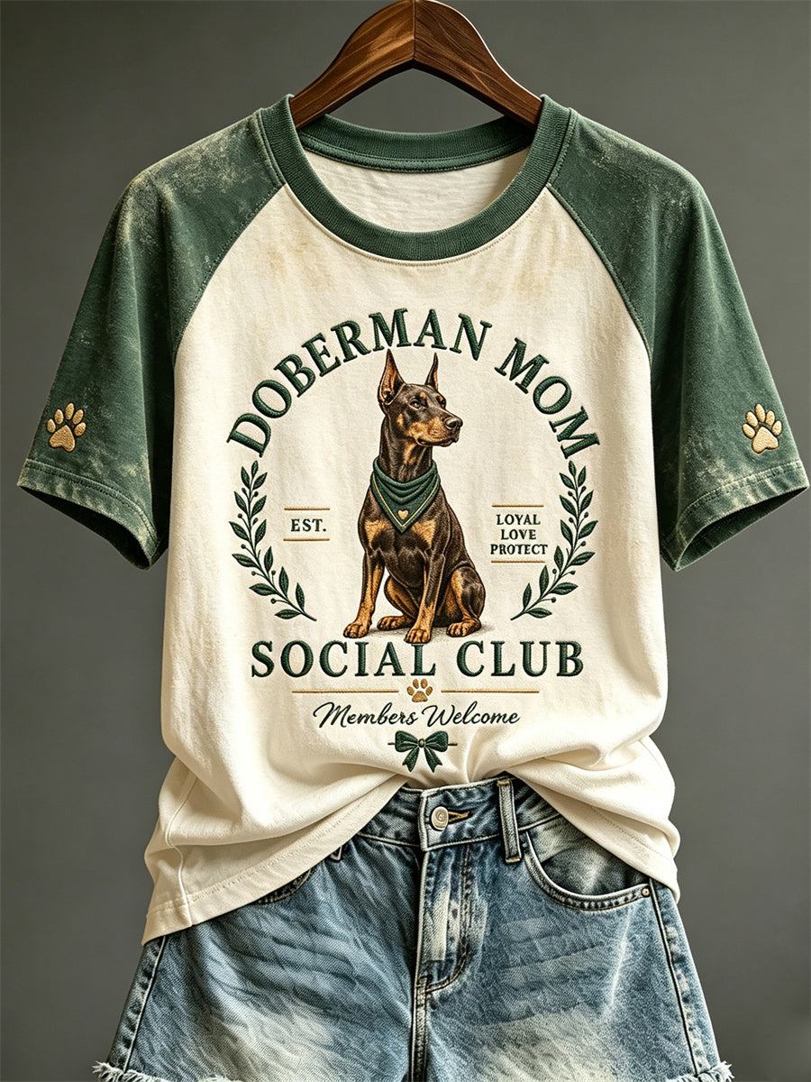 Women's Vintage Doberman Mom Social Club Print Raglan short sleeve T-shirt