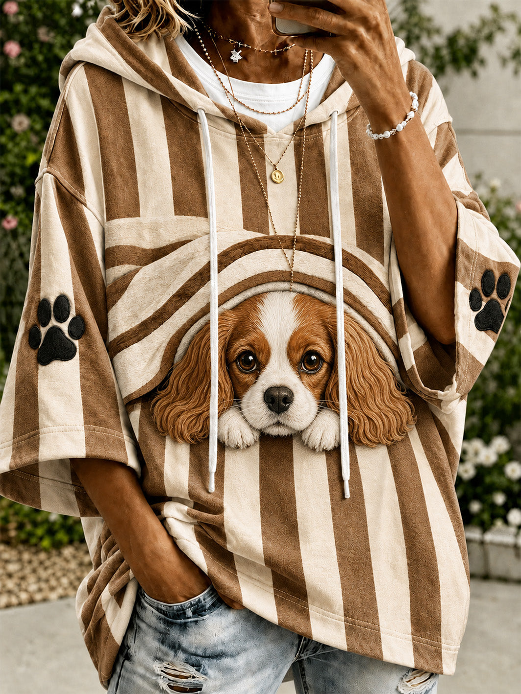 Women's cute little dog pattern color-blocked design casual hoodie