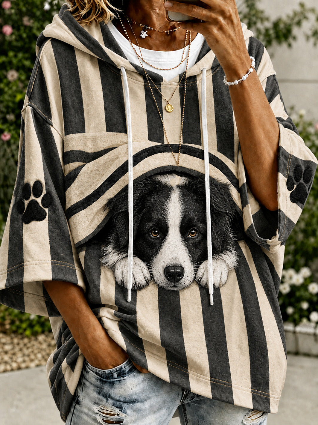 Women's cute little dog pattern color-blocked design casual hoodie