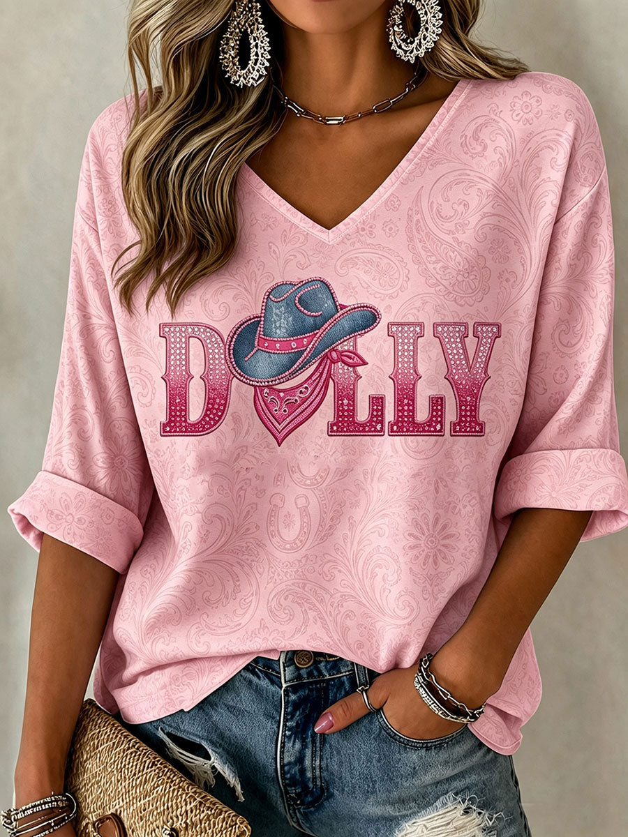 Women's Rip Country Music Queen Printed Mid-length Sleeves V-Neck T-Shirt