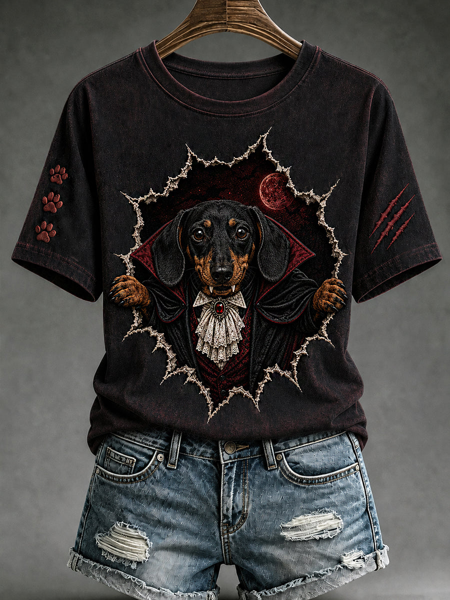 Women's Halloween Vampire Dog Printed Vintage Fashion Loose Short Sleeve T-Shirt