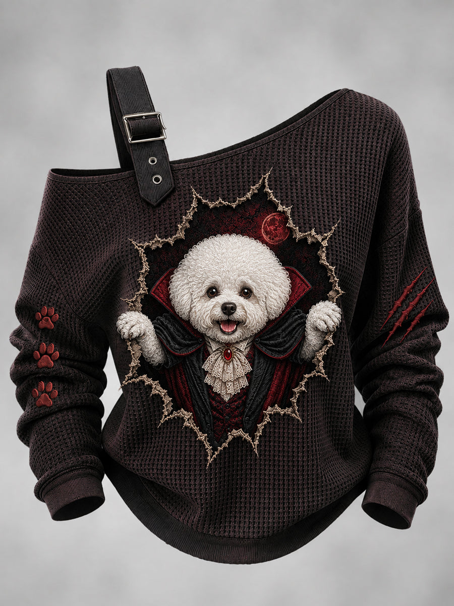 Women's Halloween Vampire Dog Printed One Shoulder Waffle Casual Sweatshirt