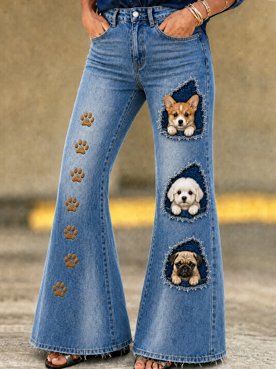 Women's Animal Dog Art Print Flared Trousers