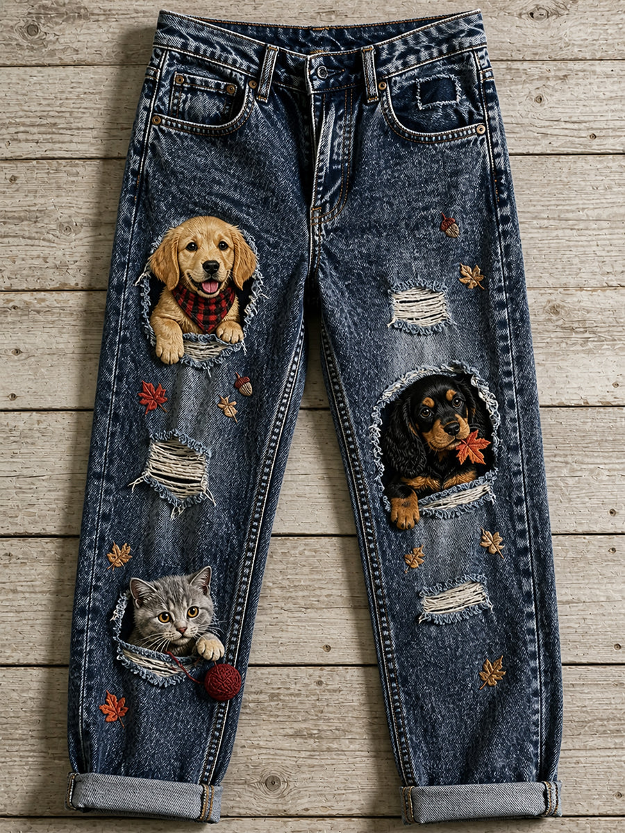 Women's Casual Jeans with Vintage Animal Art Print