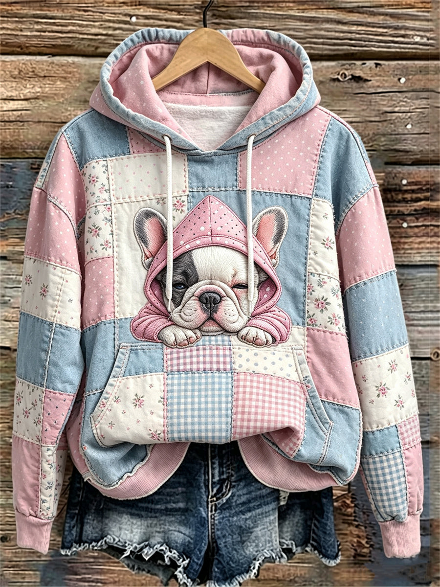 Women's Lovely Sleepy French Bulldog Patchwork Art Print hoodie