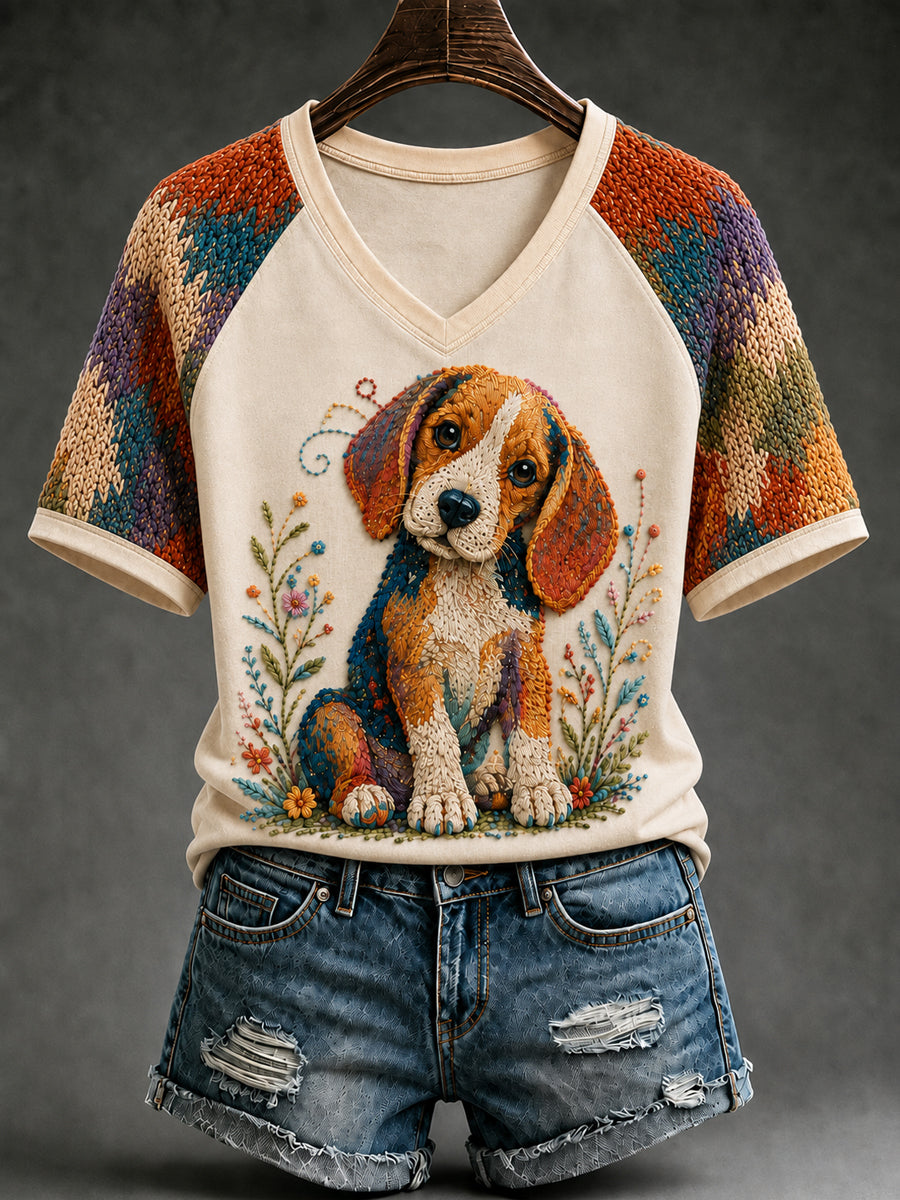 Women's Colorful Puppy Art V-neck Short Sleeve T-shirt