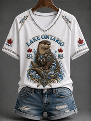 Women's Always Lake Ontario Print V-neck Short-sleeved T-shirt