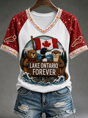 Women's LAKE ONTARIO FOREVER V-neck off-shoulder short-sleeved T-shirt
