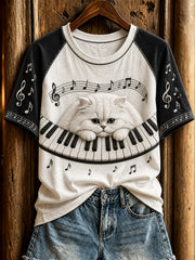 Women's cute cat and piano design casual short-sleeve T-shirt