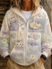 Women's Cute Patchwork Cat Print Casual Hooded Sweatshirt