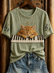 Women's cute cat and piano design casual short-sleeve T-shirt