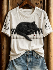 Women's cute cat and piano design casual short-sleeve T-shirt