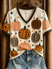Women's Polka Dot Pumpkin Pattern Casual Short-sleeved T-shirt