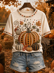 Women's Polka Dot Fall Pumpkin Print Short-sleeved T-shirt
