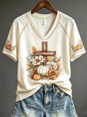 Women's Christian Cross & Fall Pumpkins Floral Print short-sleeved T-shirt