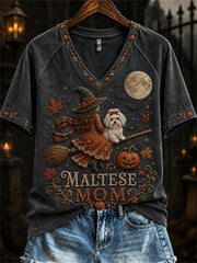 Women's Halloween Fall Maltese Mom Witch & Dog Print short-sleeved T-shirt
