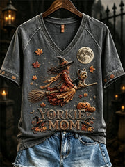 Women's Halloween Fall Yorkie Mom Witch & Dog Print short-sleeved T-shirt
