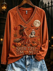 Women's Halloween Fall Shih Tzu Mom Witch & Dog Print long-sleeved T-shirt