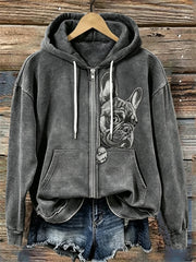 Women's Lovely Peeking French Bulldog Print Cozy Full Zip Hoodie