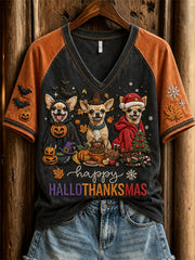 Women's Happy Hallothanksmas Holiday Season Dogs Print Sweatshirt
