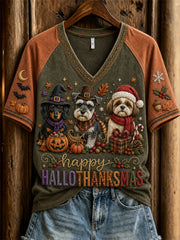 Women's Happy Hallothanksmas Holiday Season Dogs Print Sweatshirt