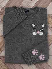 Women's Vintage Lovely Cat Face & Paw Prints crew neck sweater