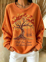 Women's Fall For Jesus He Never Leaves Print Waffle Sweatshirt