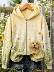 Women's Floral Dog Zip-Up Hoodie