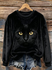 Women's Black Cat Face Print Cozy Flannel Sweatshirt