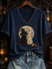 Women's Halloween Cute Cat Pattern Print Casual Short Sleeve T-shirt