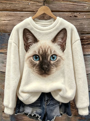 Women's Siamese Cat Face Print Cozy Flannel Sweatshirt